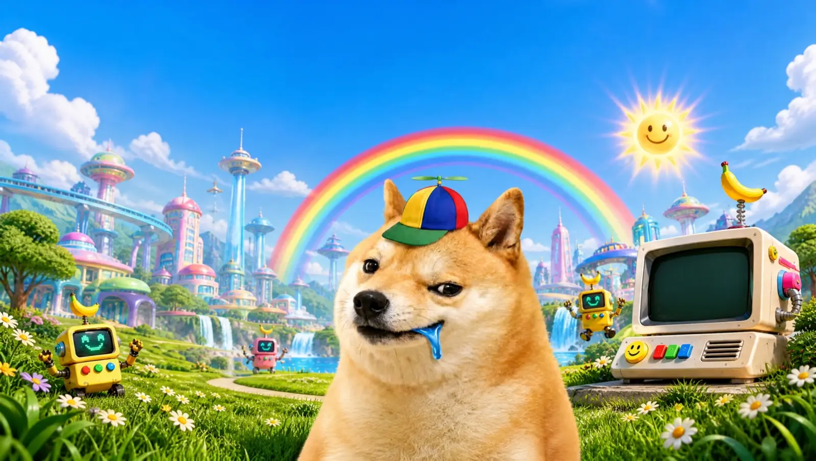 Stupid Inu in a sunny rainbow utopia with cheerful robots and a banana-powered computer